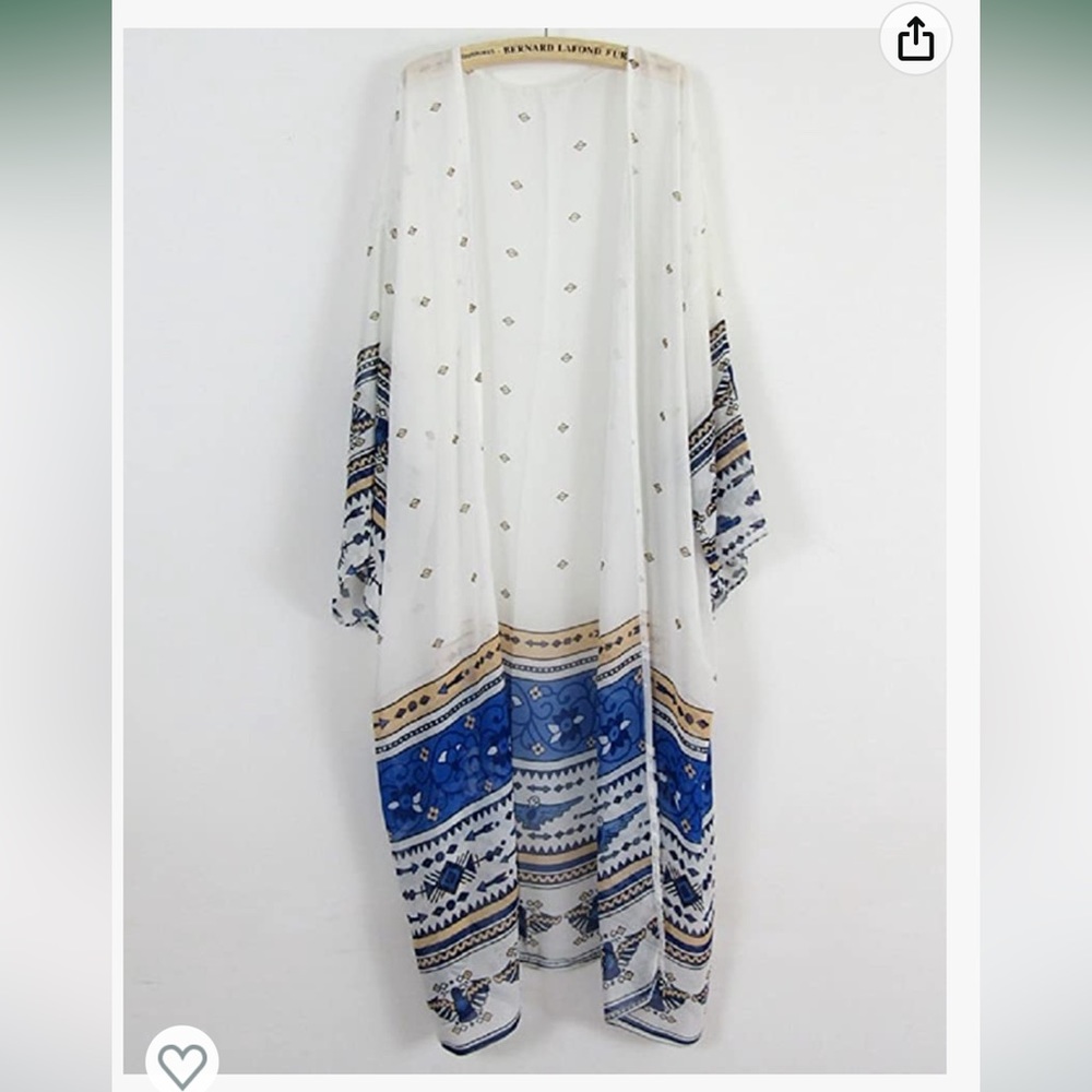 Bsubseach Womens Blue & White Chiffon/Rayon Beach Kimono Cardigan Long C…
